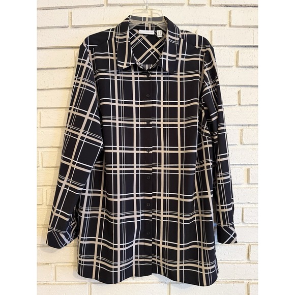 Susan Graver Tops - Susan Graver Printed‎ Stretch Woven Button Front Tunic Shirt 1X Black Tan Plaid